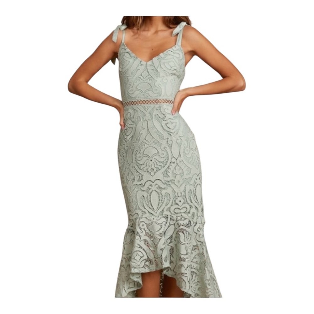 NWOT Lulu’s Won Your Heart Sage Green Lace Tiestrap High Low Wedding Bach XL